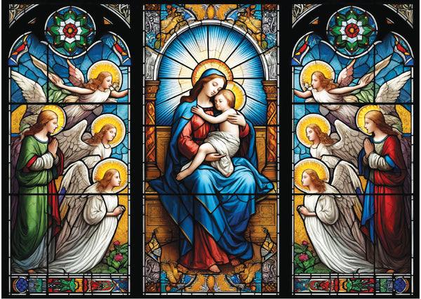 Stained Glass Madonna with Angels - Pack of 5 cards - Ref: kk04b