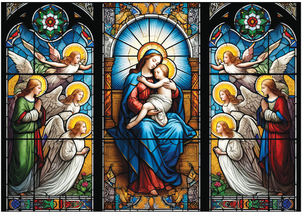 Stained Glass Madonna with Angels - Pack of 5 cards - Ref: kk04b